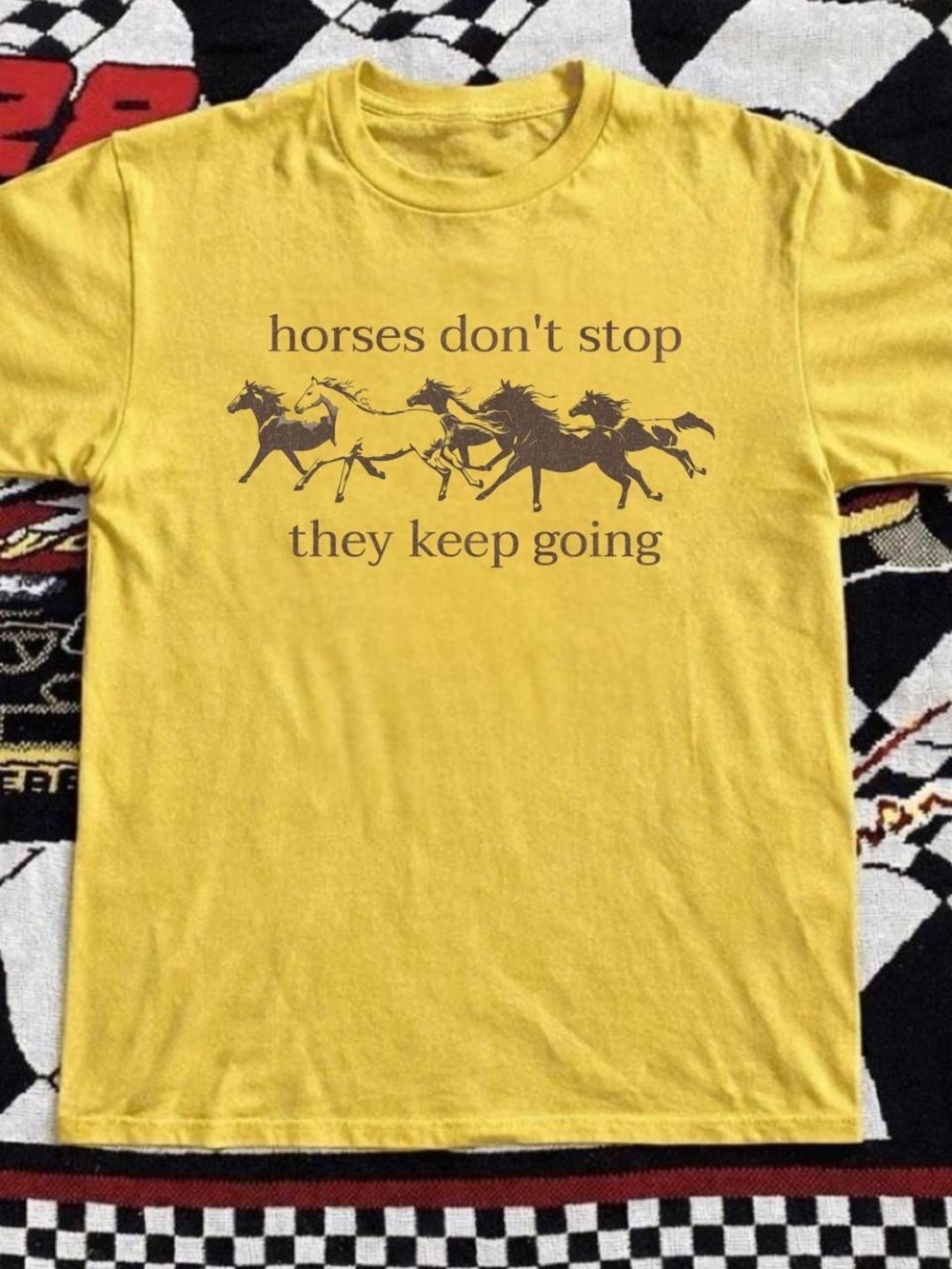 Gildan Yellow T-Shirt with Brown Horse Graphic and Motivational Text
